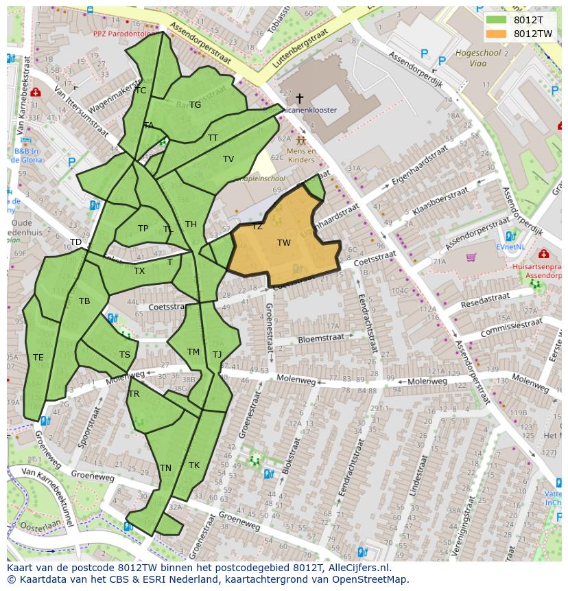 Afbeelding van het postcodegebied 8012 TW op de kaart.