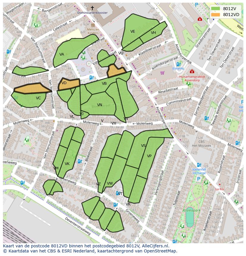 Afbeelding van het postcodegebied 8012 VD op de kaart.