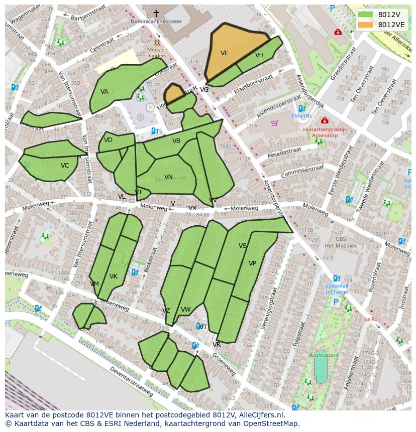 Afbeelding van het postcodegebied 8012 VE op de kaart.
