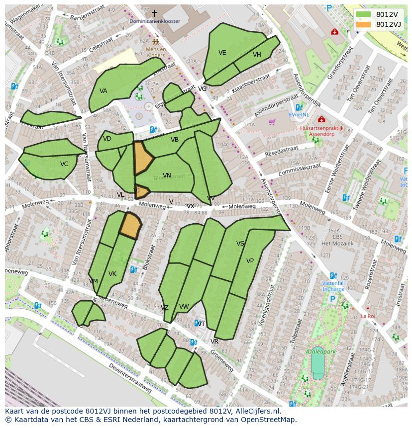 Afbeelding van het postcodegebied 8012 VJ op de kaart.