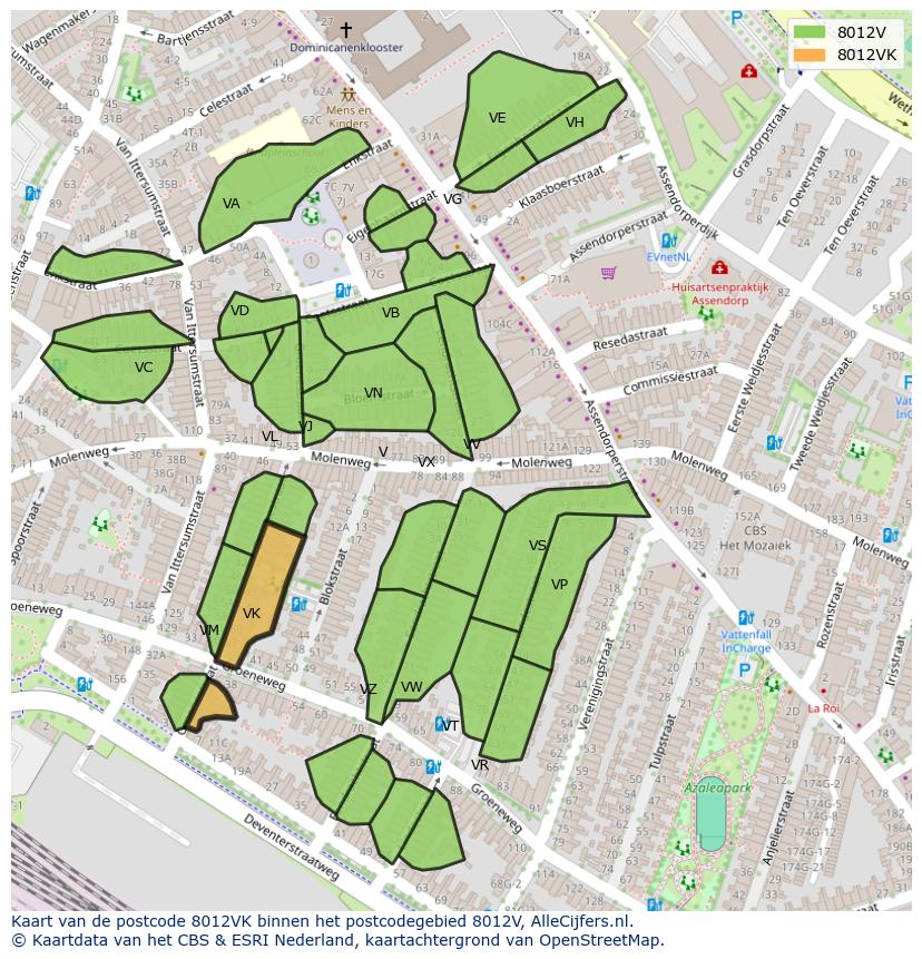 Afbeelding van het postcodegebied 8012 VK op de kaart.
