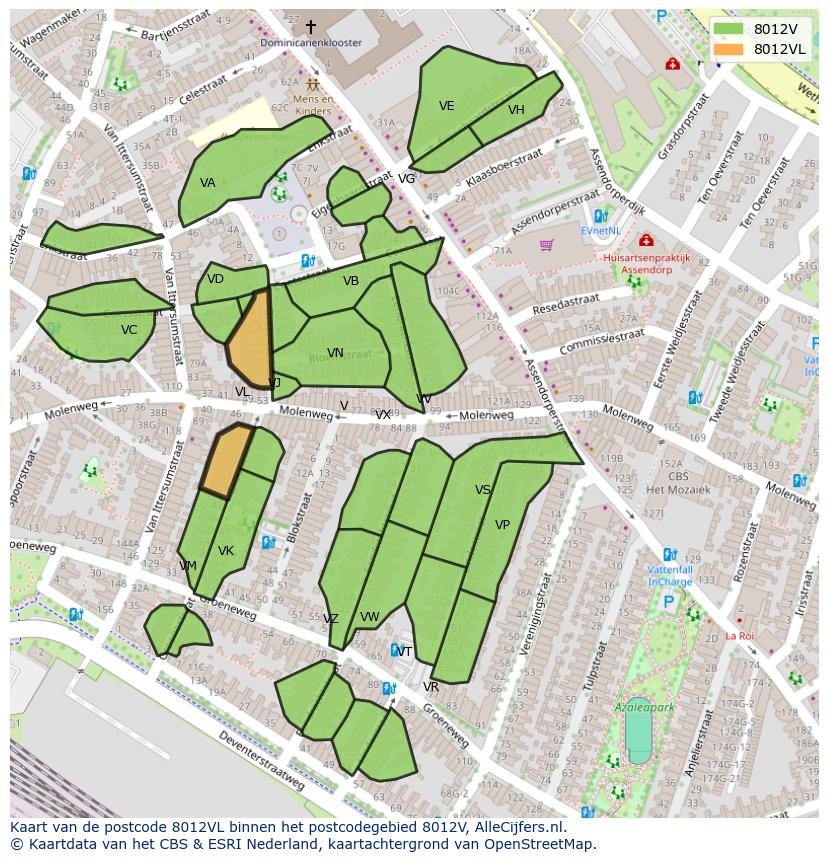 Afbeelding van het postcodegebied 8012 VL op de kaart.