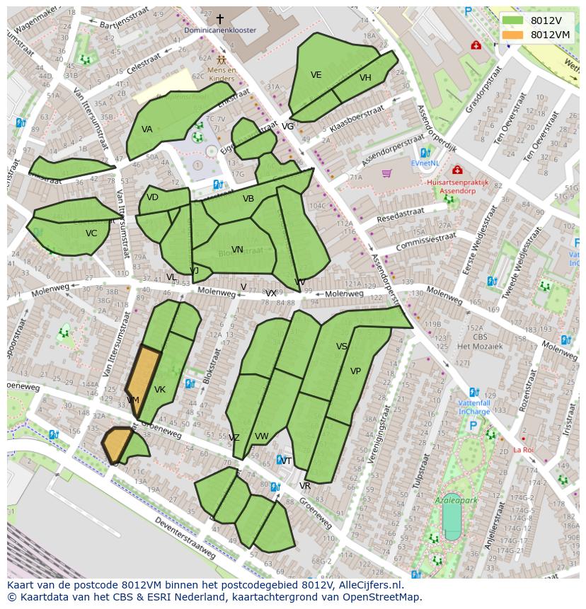 Afbeelding van het postcodegebied 8012 VM op de kaart.