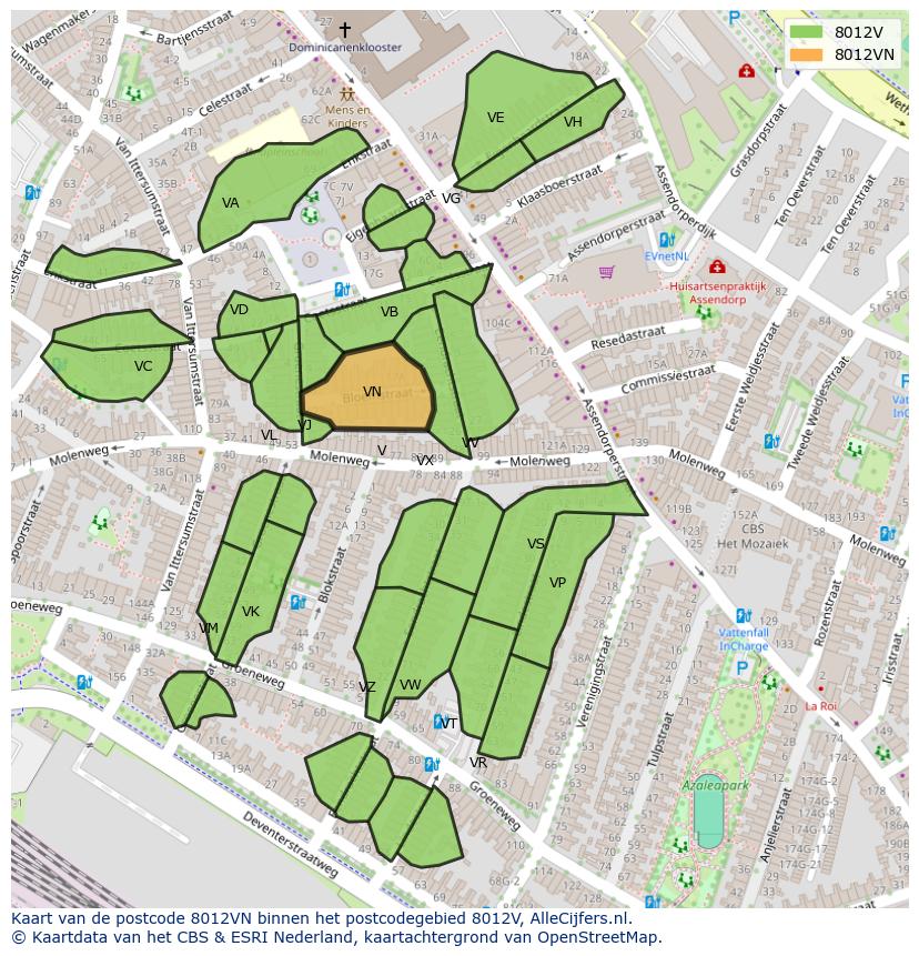 Afbeelding van het postcodegebied 8012 VN op de kaart.