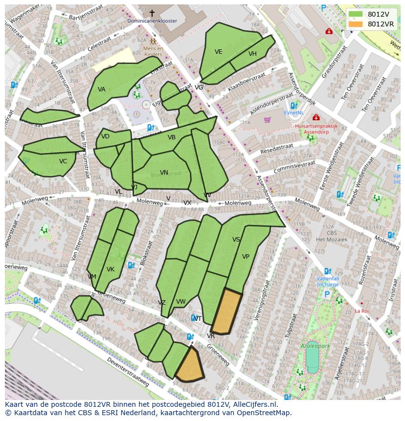 Afbeelding van het postcodegebied 8012 VR op de kaart.