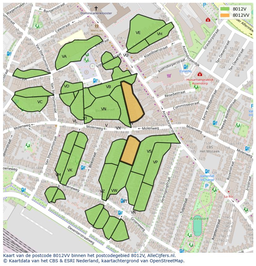 Afbeelding van het postcodegebied 8012 VV op de kaart.