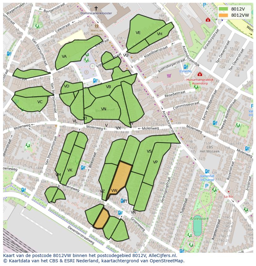 Afbeelding van het postcodegebied 8012 VW op de kaart.