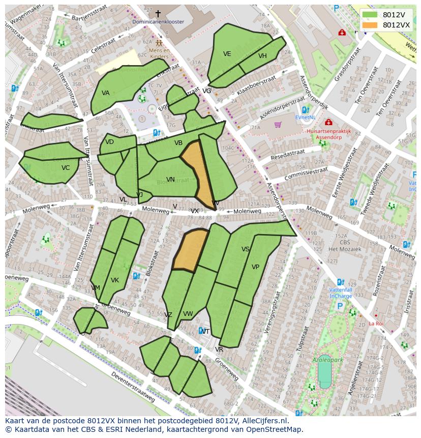 Afbeelding van het postcodegebied 8012 VX op de kaart.