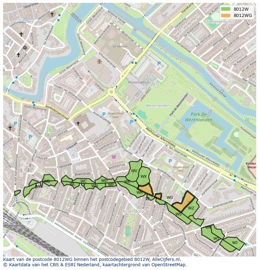 Afbeelding van het postcodegebied 8012 WG op de kaart.