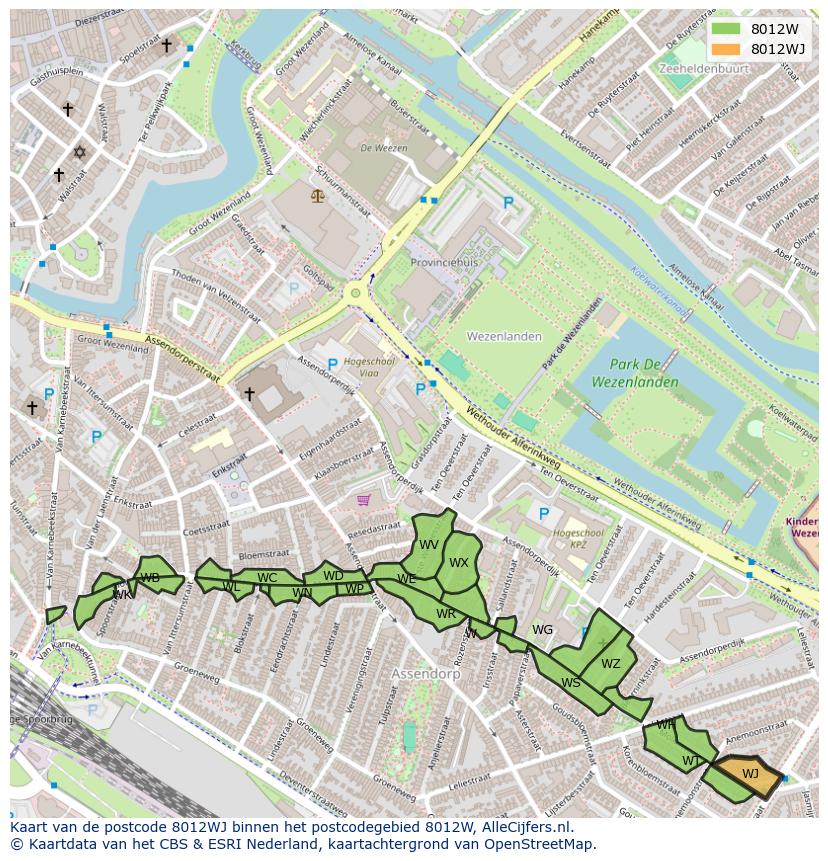Afbeelding van het postcodegebied 8012 WJ op de kaart.