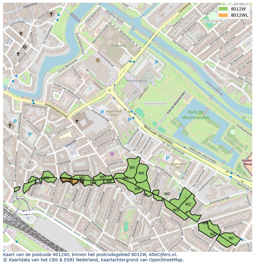 Afbeelding van het postcodegebied 8012 WL op de kaart.