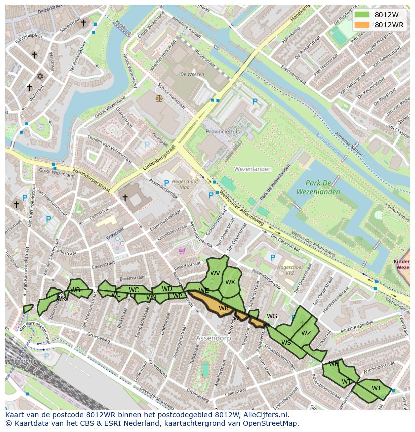 Afbeelding van het postcodegebied 8012 WR op de kaart.