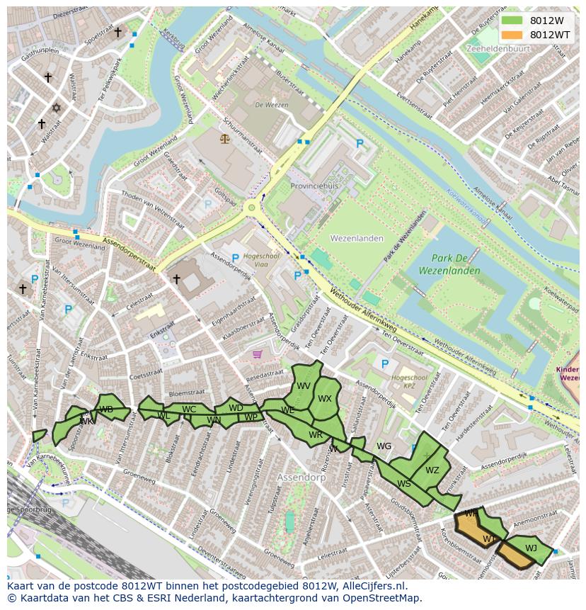 Afbeelding van het postcodegebied 8012 WT op de kaart.