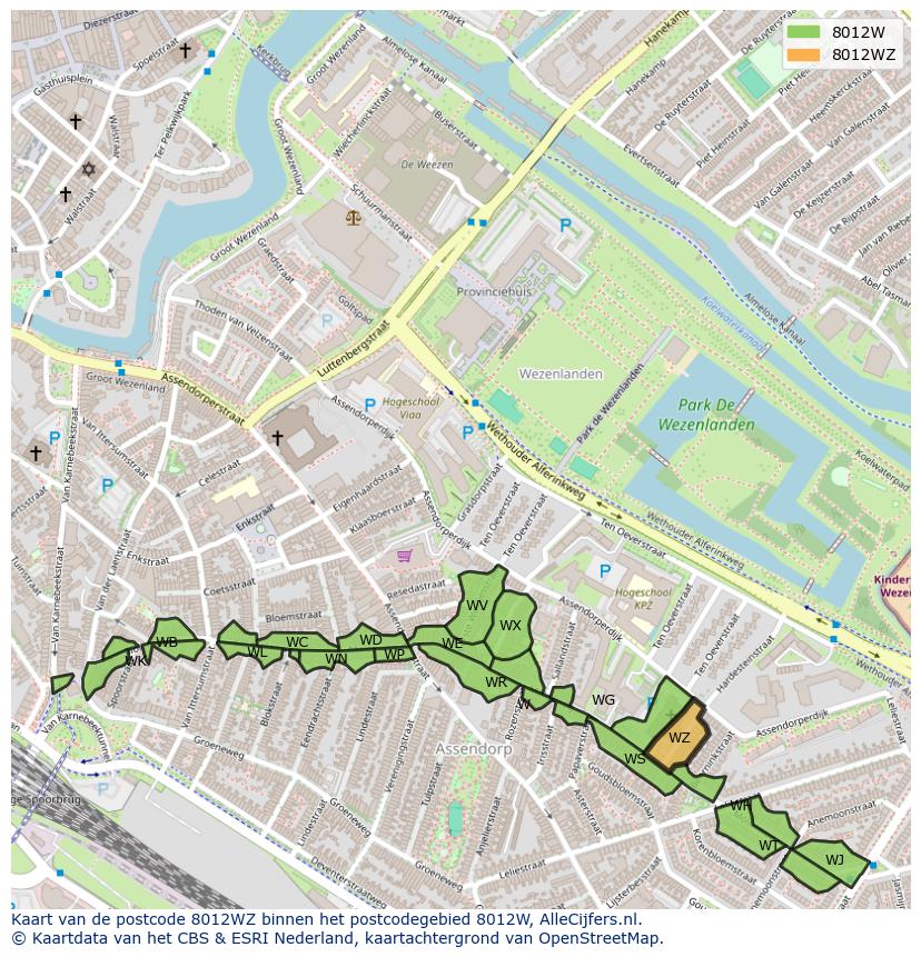 Afbeelding van het postcodegebied 8012 WZ op de kaart.