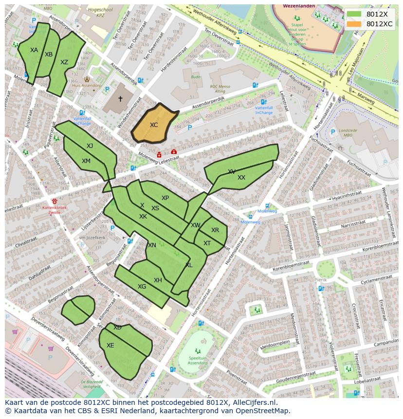 Afbeelding van het postcodegebied 8012 XC op de kaart.