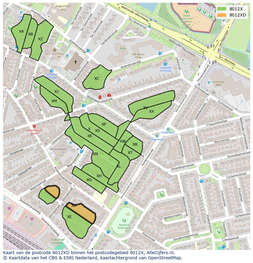 Afbeelding van het postcodegebied 8012 XD op de kaart.