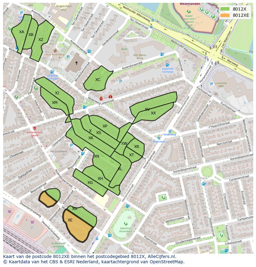Afbeelding van het postcodegebied 8012 XE op de kaart.