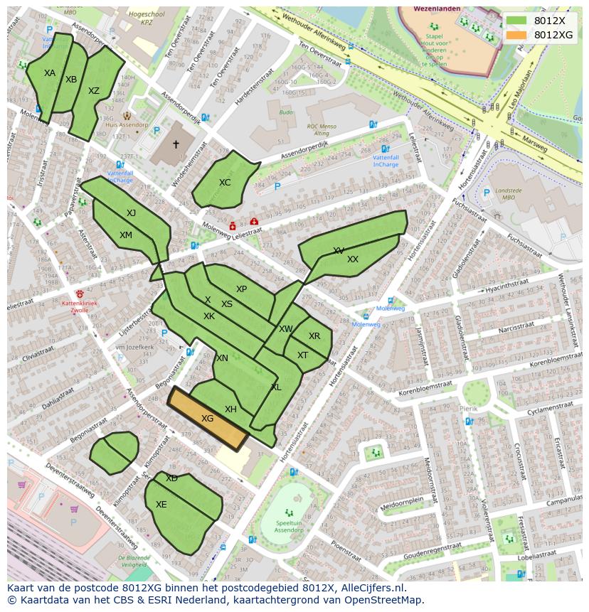 Afbeelding van het postcodegebied 8012 XG op de kaart.