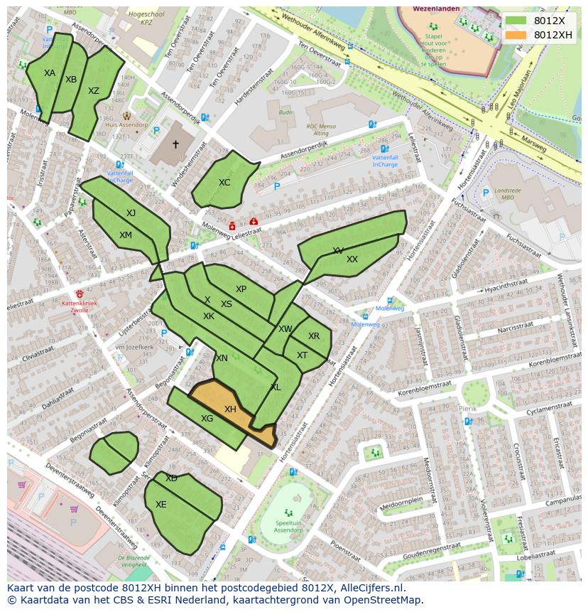 Afbeelding van het postcodegebied 8012 XH op de kaart.