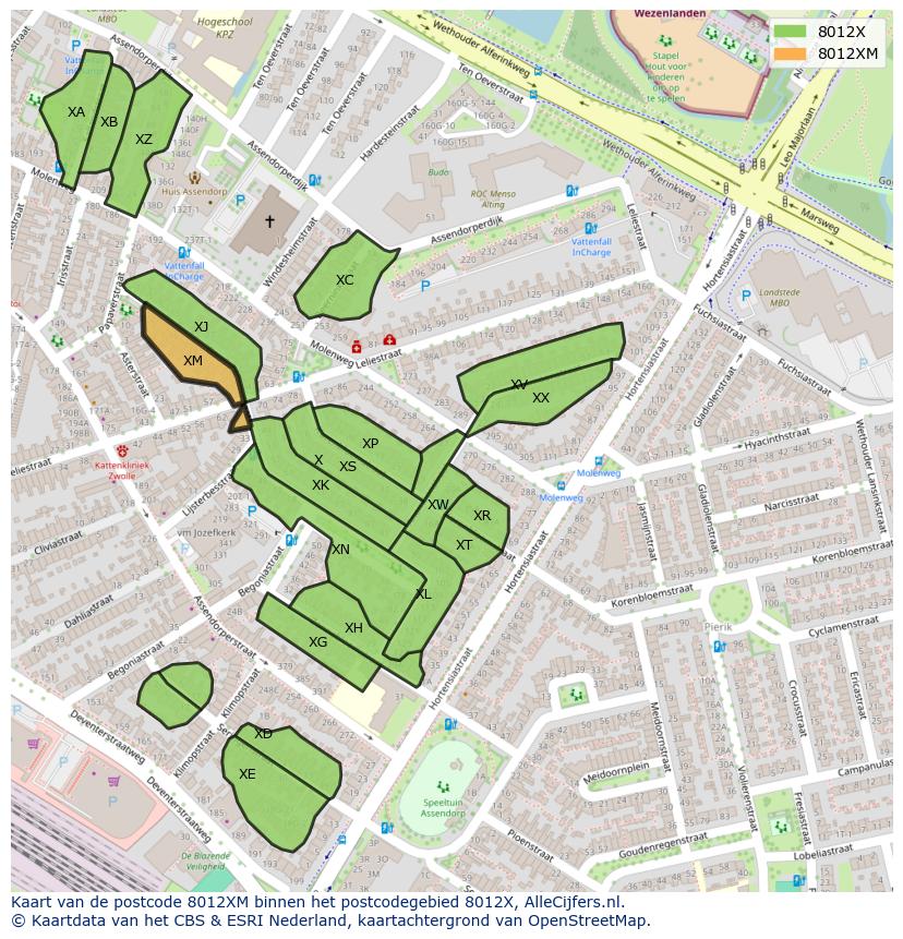 Afbeelding van het postcodegebied 8012 XM op de kaart.