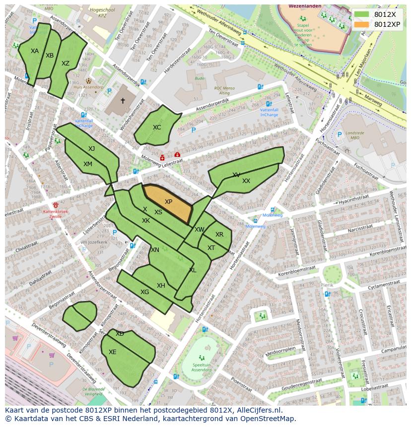 Afbeelding van het postcodegebied 8012 XP op de kaart.