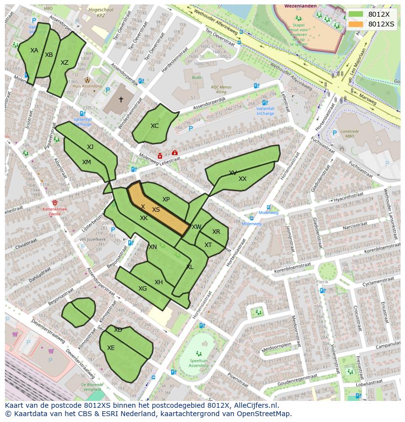 Afbeelding van het postcodegebied 8012 XS op de kaart.