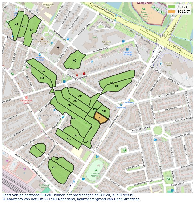Afbeelding van het postcodegebied 8012 XT op de kaart.