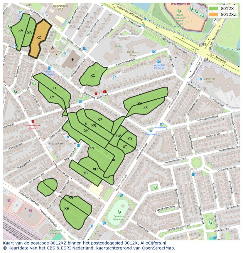 Afbeelding van het postcodegebied 8012 XZ op de kaart.