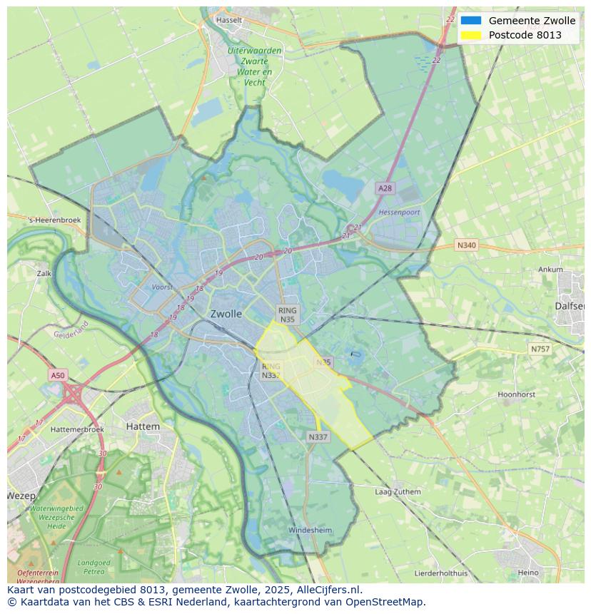 Afbeelding van het postcodegebied 8013 op de kaart.