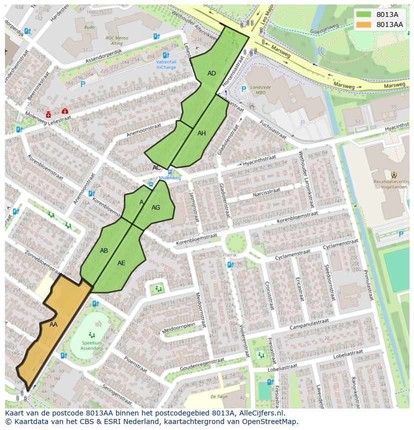 Afbeelding van het postcodegebied 8013 AA op de kaart.