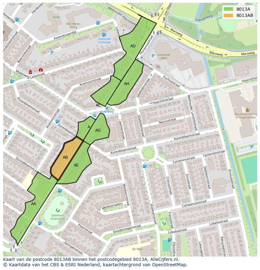 Afbeelding van het postcodegebied 8013 AB op de kaart.