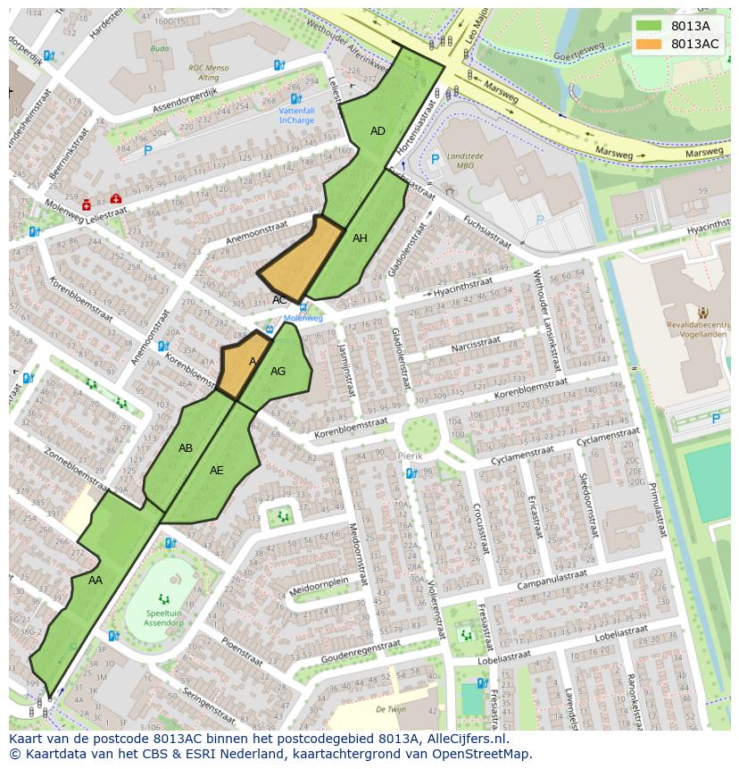 Afbeelding van het postcodegebied 8013 AC op de kaart.