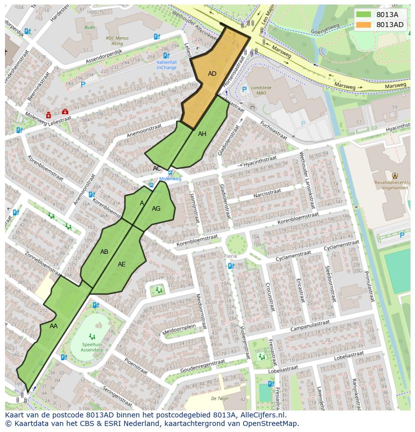 Afbeelding van het postcodegebied 8013 AD op de kaart.