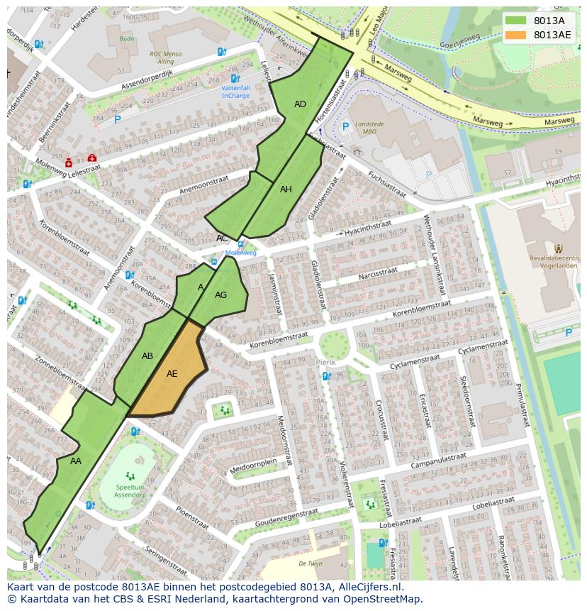 Afbeelding van het postcodegebied 8013 AE op de kaart.