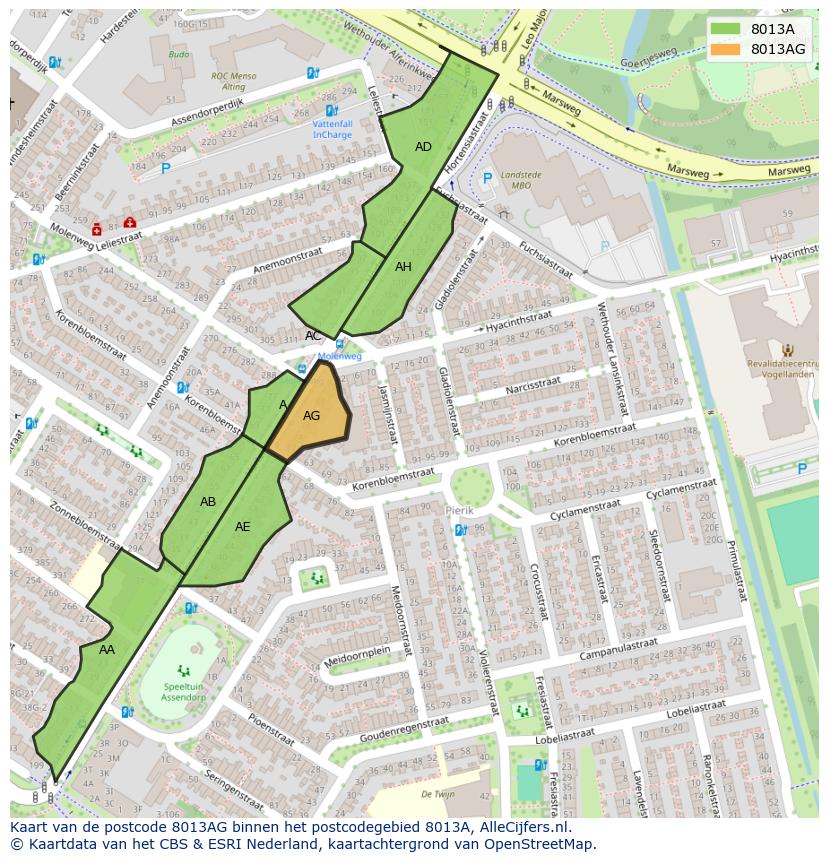 Afbeelding van het postcodegebied 8013 AG op de kaart.