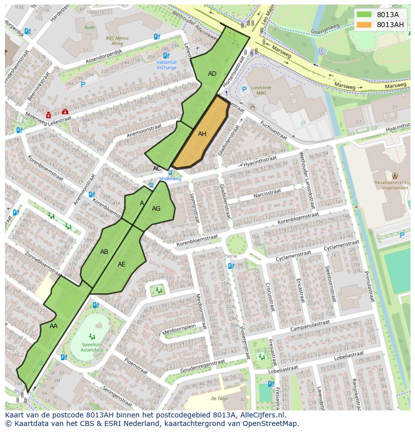 Afbeelding van het postcodegebied 8013 AH op de kaart.