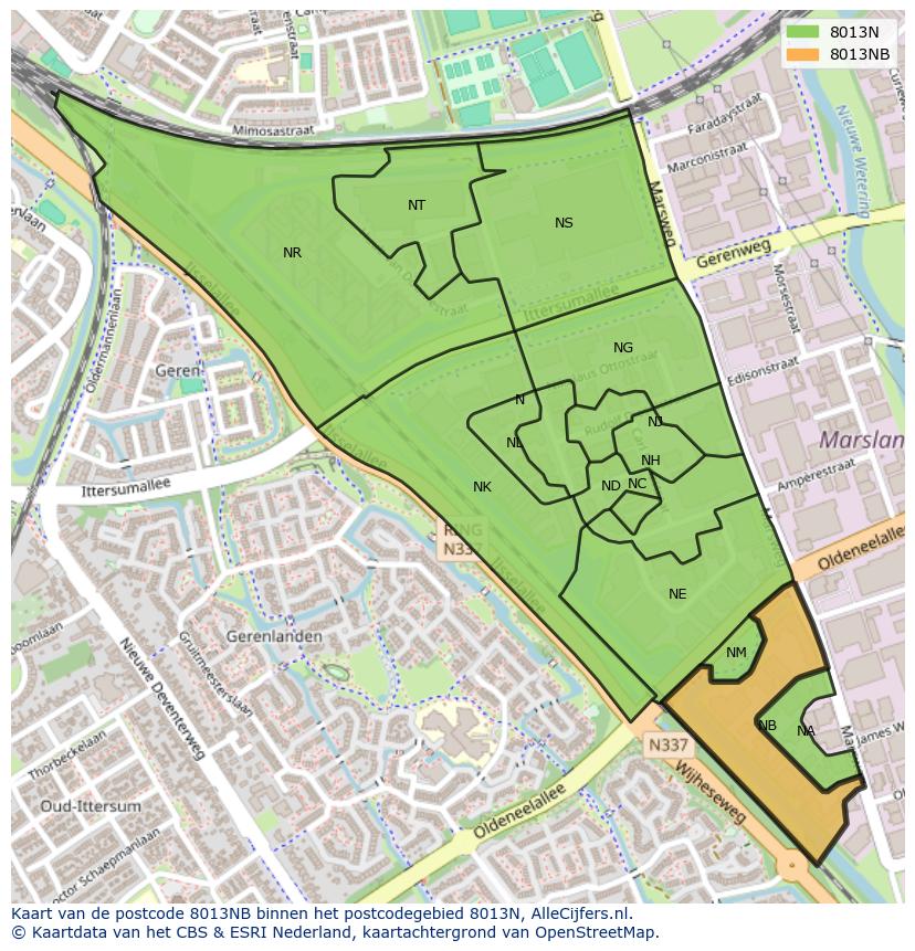 Afbeelding van het postcodegebied 8013 NB op de kaart.