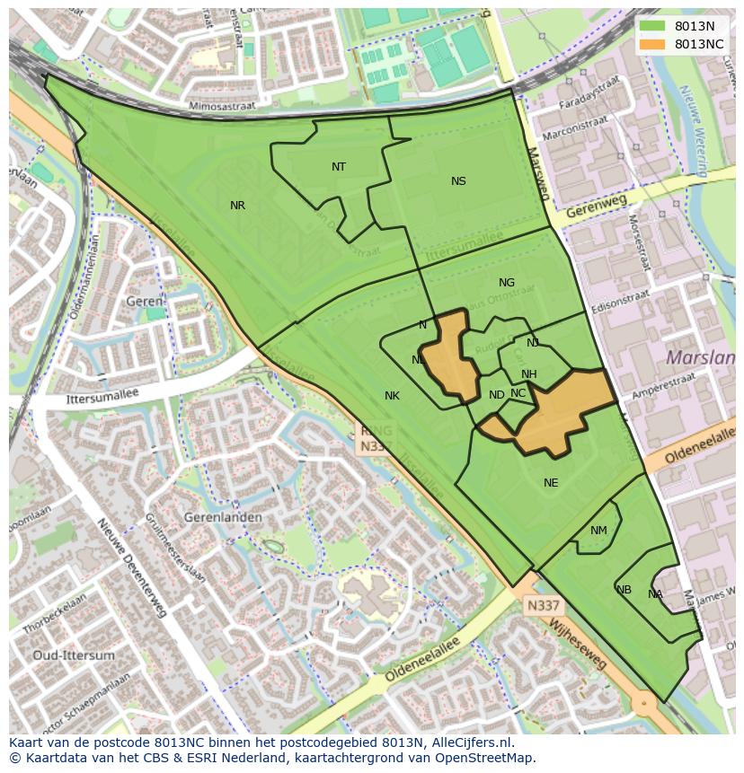 Afbeelding van het postcodegebied 8013 NC op de kaart.