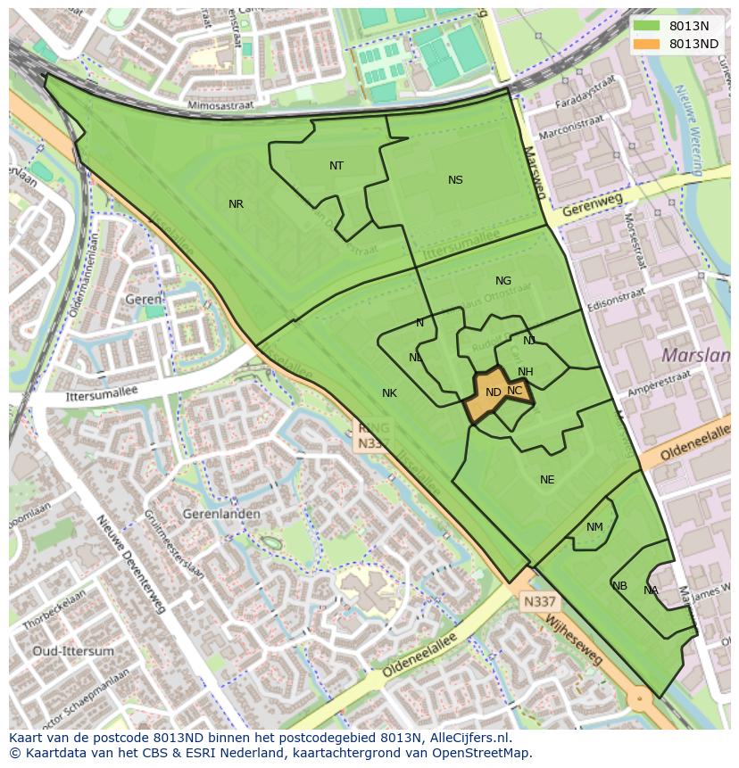 Afbeelding van het postcodegebied 8013 ND op de kaart.