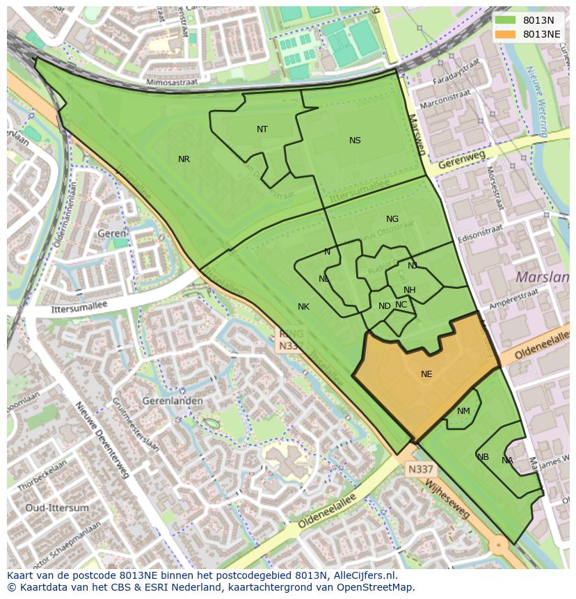 Afbeelding van het postcodegebied 8013 NE op de kaart.
