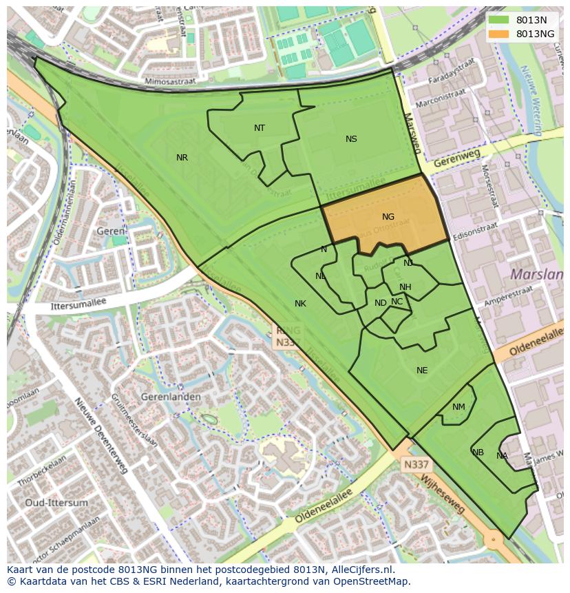 Afbeelding van het postcodegebied 8013 NG op de kaart.