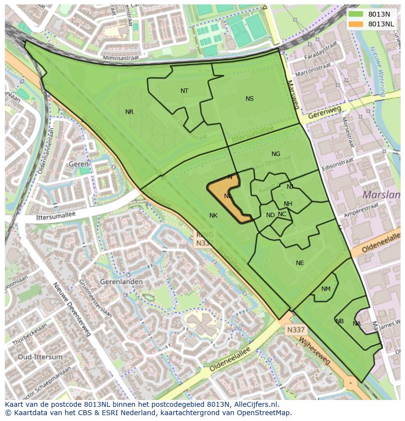 Afbeelding van het postcodegebied 8013 NL op de kaart.