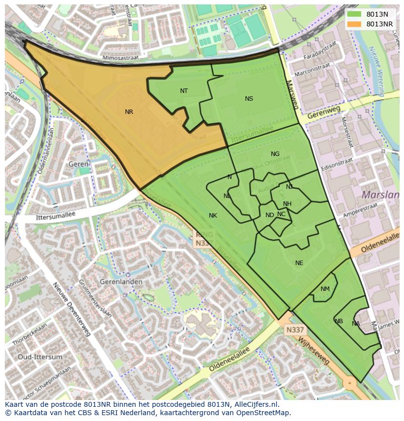 Afbeelding van het postcodegebied 8013 NR op de kaart.