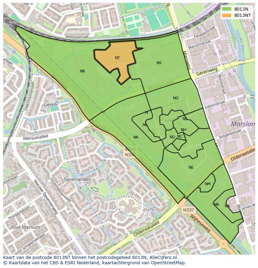 Afbeelding van het postcodegebied 8013 NT op de kaart.