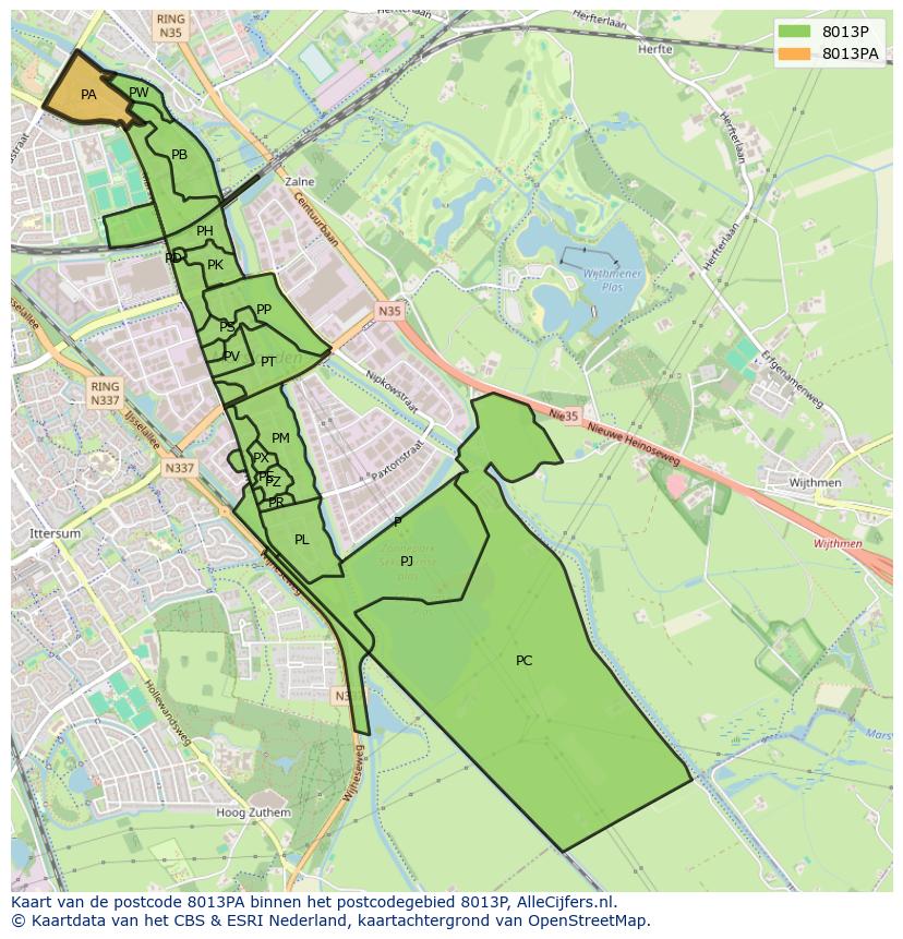 Afbeelding van het postcodegebied 8013 PA op de kaart.
