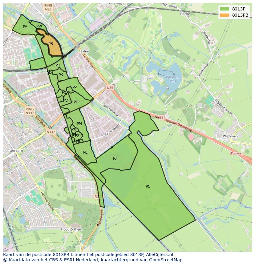 Afbeelding van het postcodegebied 8013 PB op de kaart.