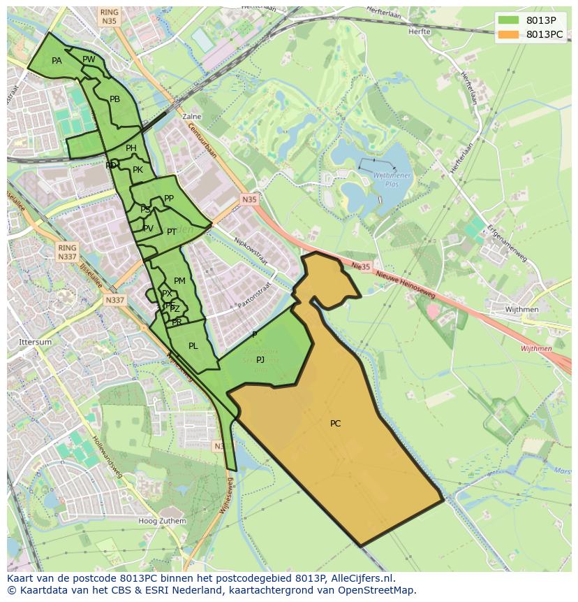 Afbeelding van het postcodegebied 8013 PC op de kaart.