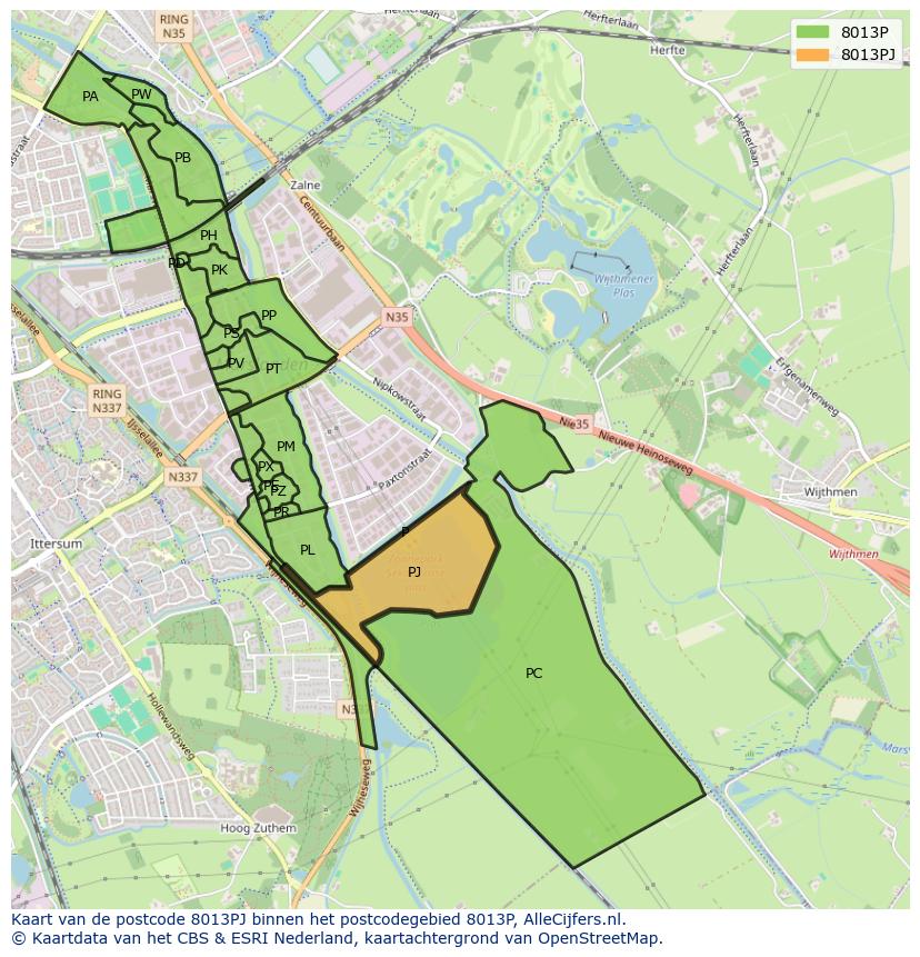 Afbeelding van het postcodegebied 8013 PJ op de kaart.