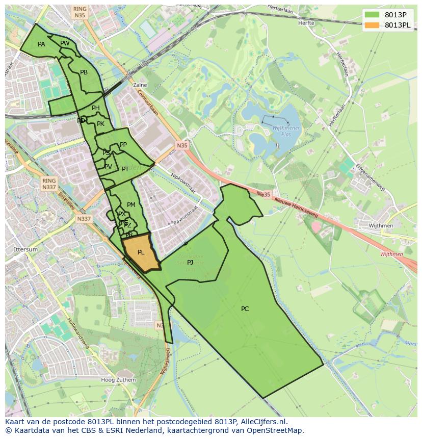 Afbeelding van het postcodegebied 8013 PL op de kaart.