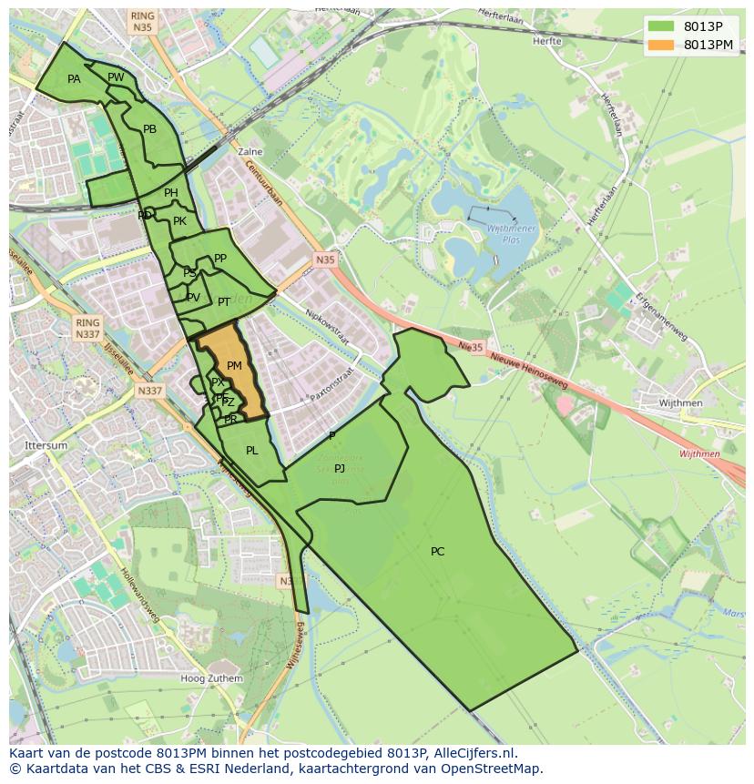 Afbeelding van het postcodegebied 8013 PM op de kaart.